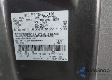 2006 Ford F-150 Lariat/Xl/Xlt z USA, uszkodzony, nr VIN 1FTPX12V86NB04496